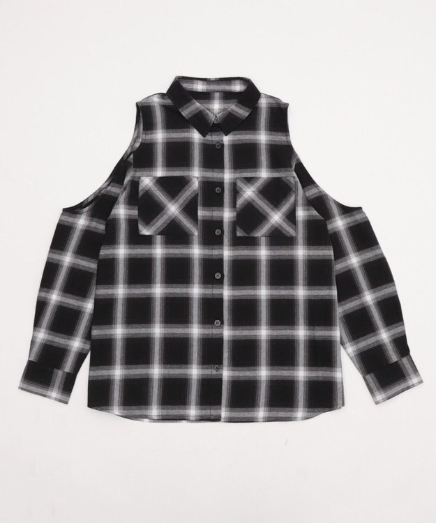 WEGO オープンショルダーチェックBIGシャツ ブラック