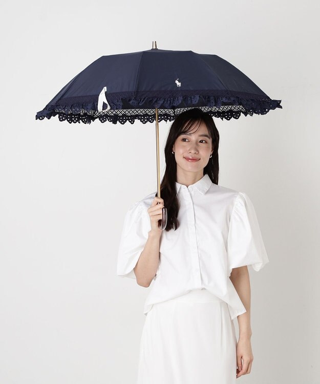 MOONBAT 【遮光/晴雨兼用日傘】POLO RALPH LAUREN(ポロ ラルフローレン) エンブフリル 折りたたみ傘 楽折 遮熱 UV ネイビーブルー