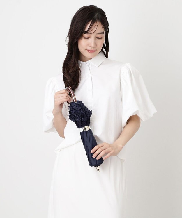 MOONBAT 【遮光/晴雨兼用日傘】POLO RALPH LAUREN(ポロ ラルフローレン) エンブフリル 折りたたみ傘 楽折 遮熱 UV ネイビーブルー