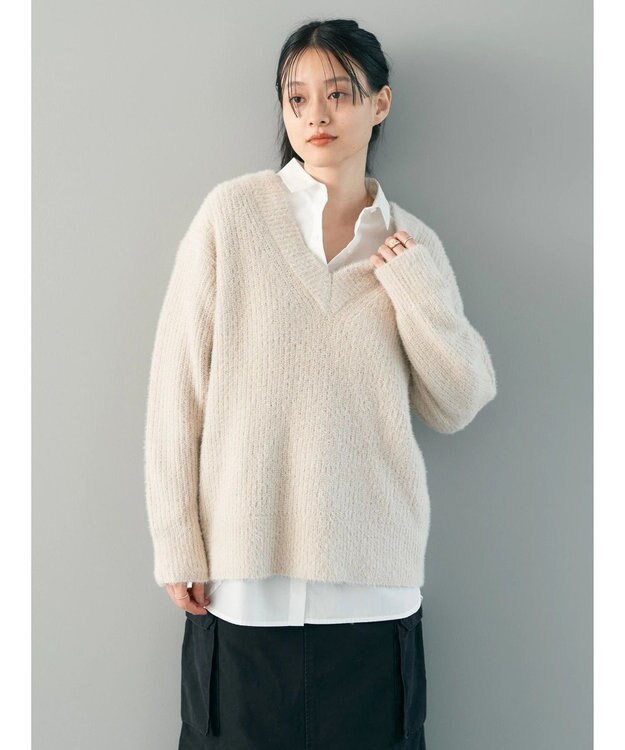 AMERICAN HOLIC モールヤーン片畦Ｖネックニットプルオーバー Light Beige