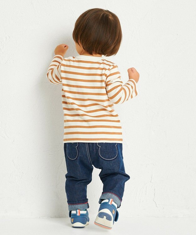 MIKI HOUSE HOT BISCUITS 【80-120cm】ボーダー柄 ワンポイント長袖Tシャツ ベージュ