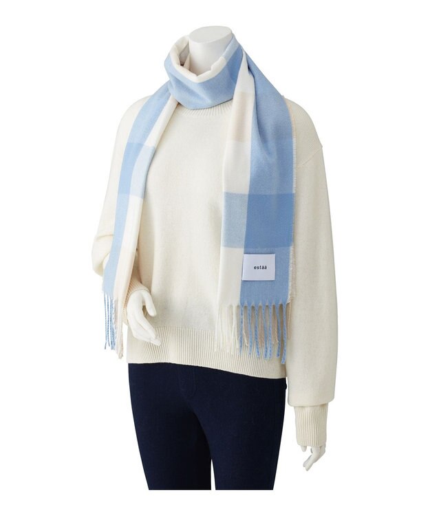 MOONBAT estaa とろーりマフラー クリーミーチェック／手洗い可 サックスブルー