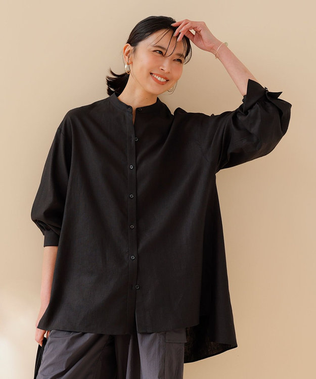 UNFILO 【GISELe 6月号掲載/洗える】リネンレーヨンバンドカラーシャツ ブラック