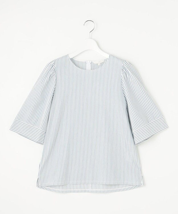 自由区 S 【接触冷感・UVカット・洗える】ストライプコットンハイゲージフレアスリーブ カットソー オフ×ブルーグレー