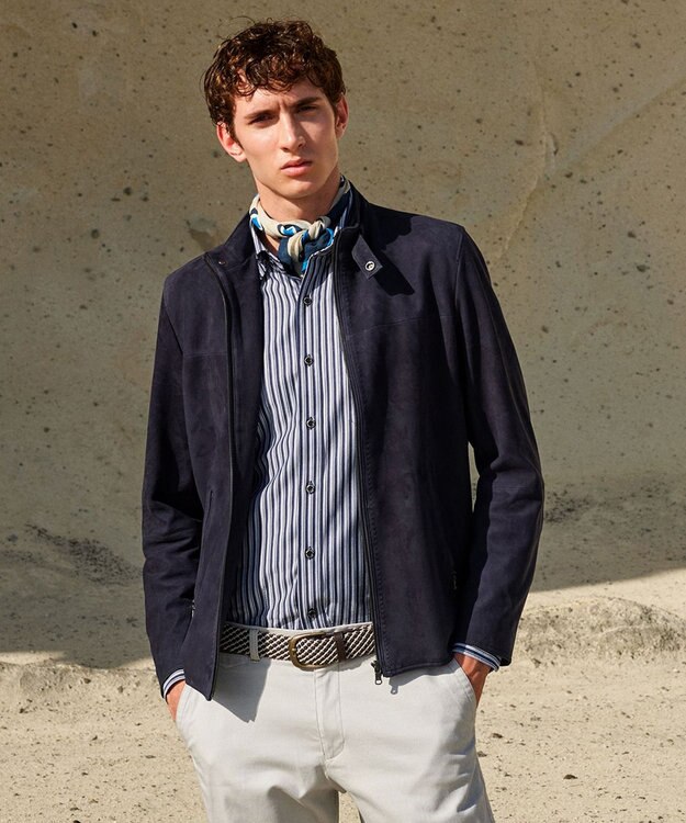 JOSEPH ABBOUD 【スプリングレザー/スウェード】ゴートスウェード シングル ライダース ネイビー系