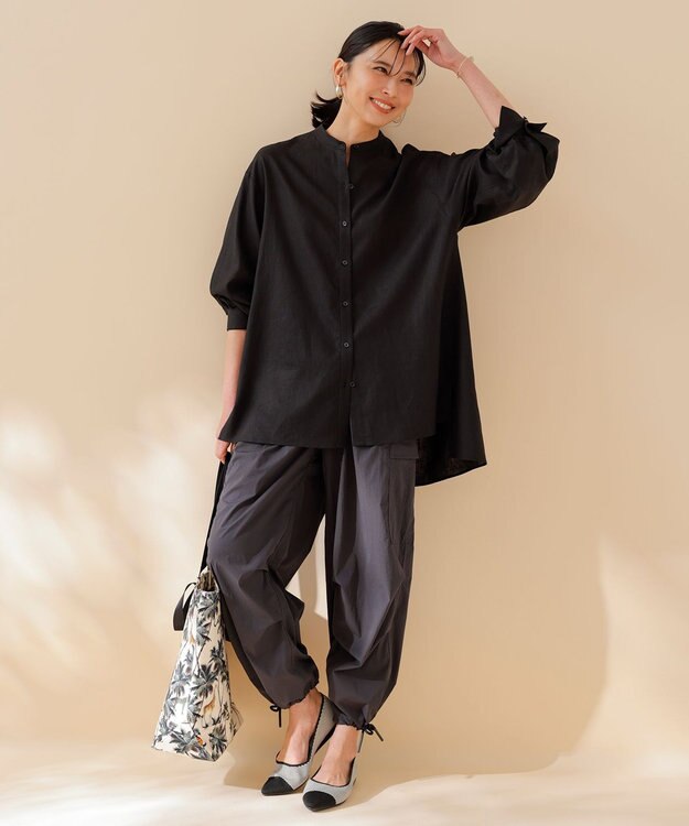 UNFILO 【GISELe 6月号掲載/洗える】リネンレーヨンバンドカラーシャツ ブラック