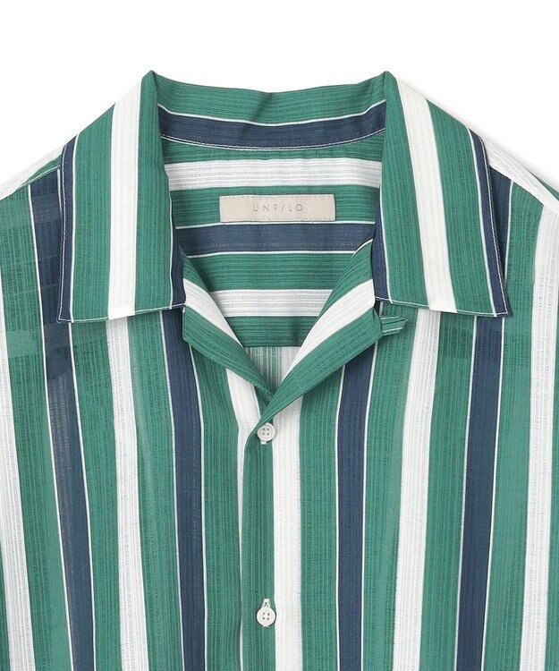 UNFILO MENS シアーメッシュプリント オープンカラーシャツ【ギフトにもおすすめ】 グリーンストライプ
