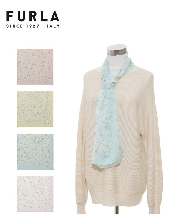 MOONBAT 【シルク100%】フルラ (FURLA) シルクシフォンロングスカーフ 小花柄 150cm×35cm ミントグリーン