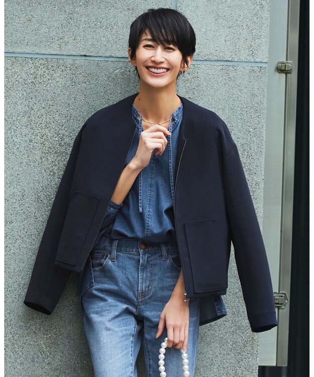 ICB L 【洗える】 ダブルクロスクレープ ブルゾン ネイビー系