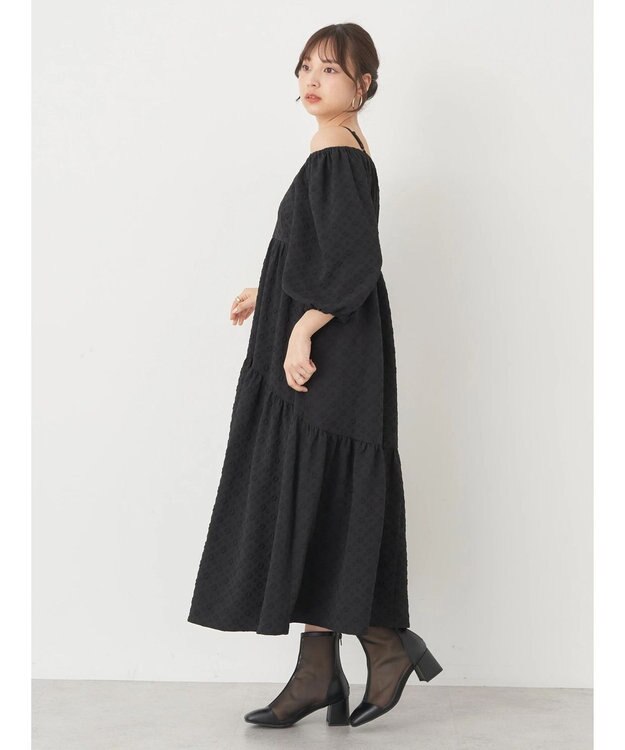 earth music&ecology ２ｗａｙパフスリーブ表面感ワンピース Black