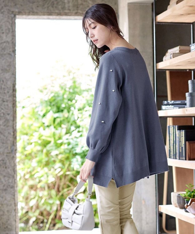 Tiaclasse 【洗える】パール付きニットチュニック ブルー