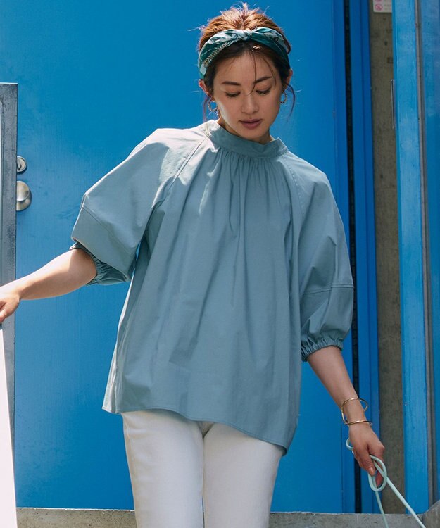 23区 S 【一部店舗限定/洗える】ハイカウントウェザーストレッチ ボウタイ付き ランタンスリーブ ブラウス ターコイズブルー系