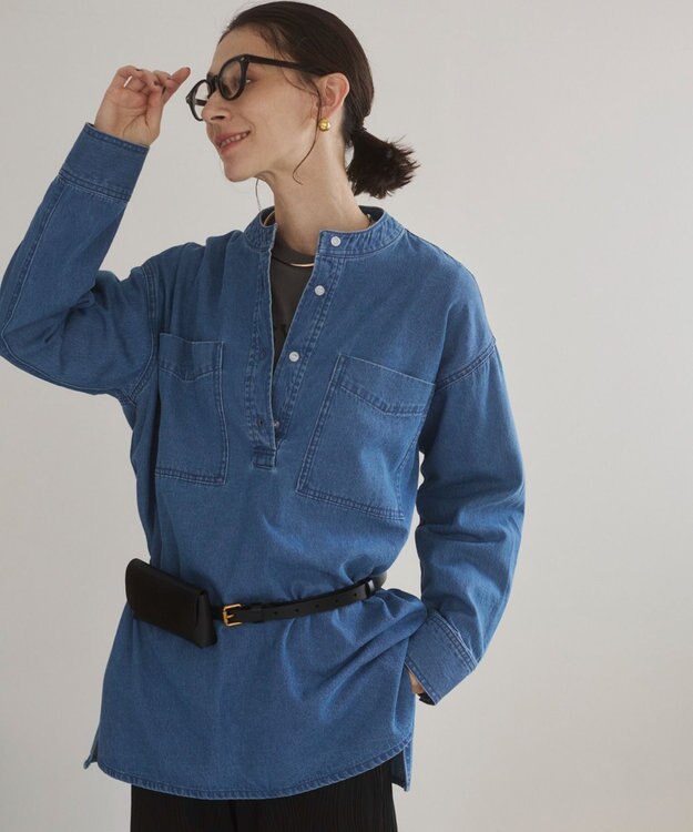 WEGO 【ANGIE VINTAGE】襟が選べる デニム チュニック シャツ （バンドカラー/レギュラーカラー） ブルー