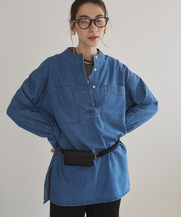 WEGO 【ANGIE VINTAGE】襟が選べる デニム チュニック シャツ （バンドカラー/レギュラーカラー） ブルー