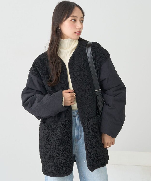 earth music&ecology ボアキルトミドルコート Black