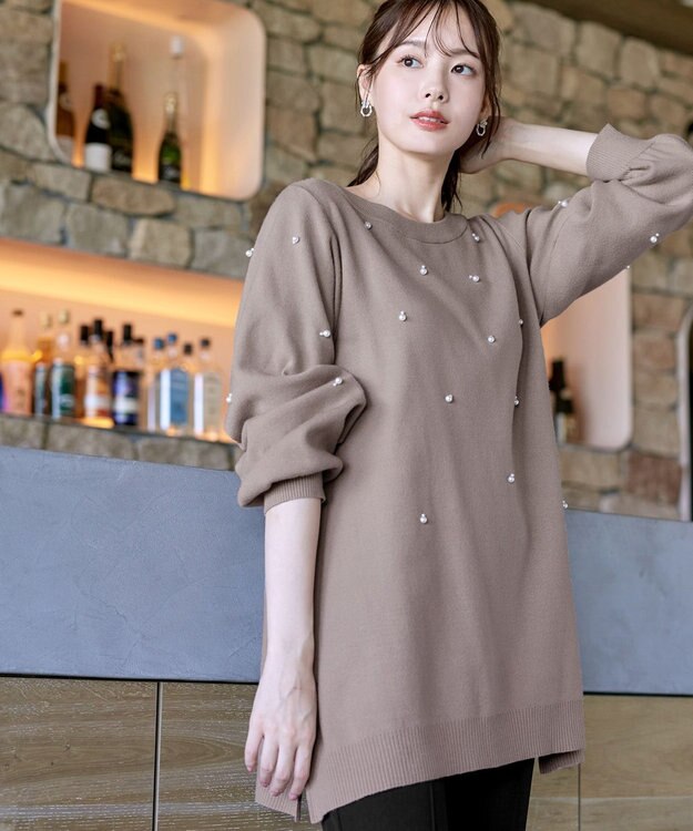 Tiaclasse 【洗える】パール付きニットチュニック グレージュ