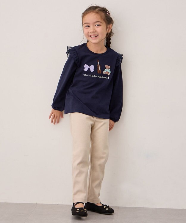 ANY KIDS おけいこモチーフ刺繍入り 長袖Tシャツ ネイビー（くま×バイオリン）