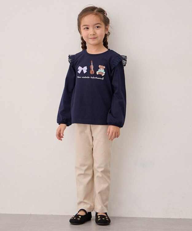 ANY KIDS おけいこモチーフ刺繍入り 長袖Tシャツ ネイビー（くま×バイオリン）