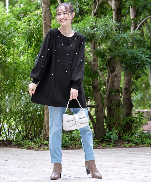 Tiaclasse 【洗える】パール付きニットチュニック ブラック