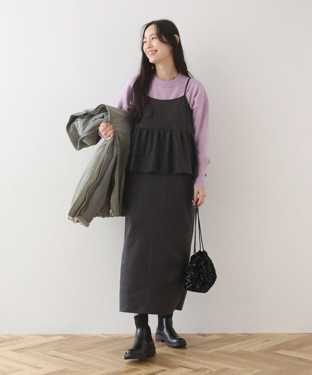 Green Parks スウェードポンチペプラムキャミワンピース Charcoal Gray