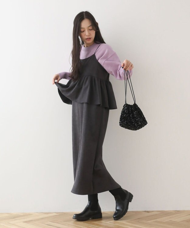 Green Parks スウェードポンチペプラムキャミワンピース Charcoal Gray