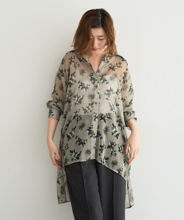 YECCA VECCA フラワー柄シアーロングシャツ Light Khaki