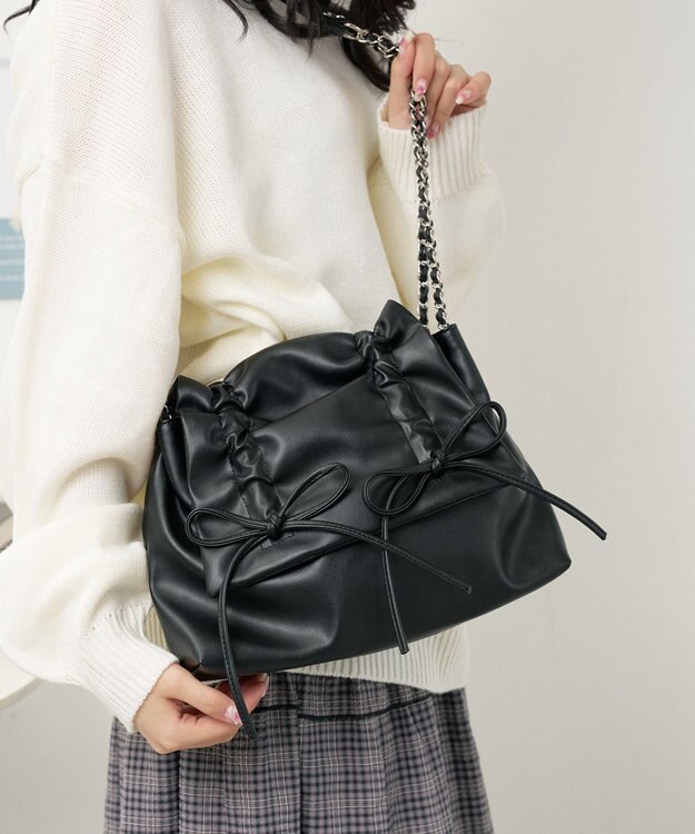 WEGO ギャザーリボンフラップバッグ ブラック