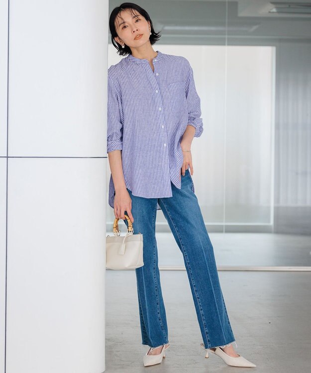 23区 【洗える】LIBECO バンドカラー シャツ ブルーストライプ