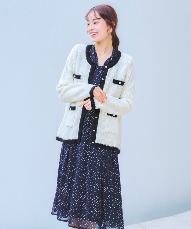 Tiaclasse 【洗える】ミドル丈配色ノーカラーニットジャケット オフホワイト