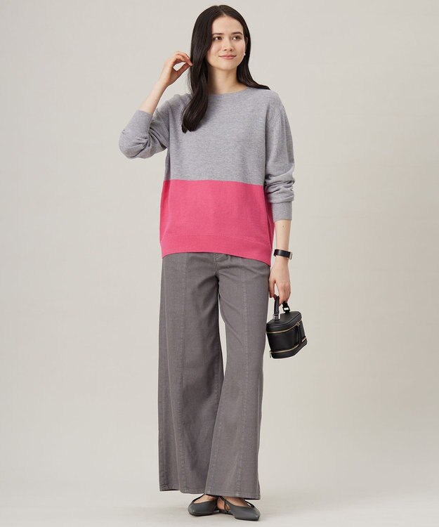 自由区 【洗える】セミウーステッドウールボートネック ニット ライトグレー×ピンク