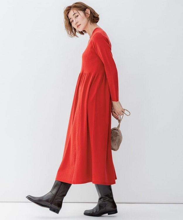 23区 【洗える】ヴィスコースストレッチ Aライン ニットワンピース レッド系