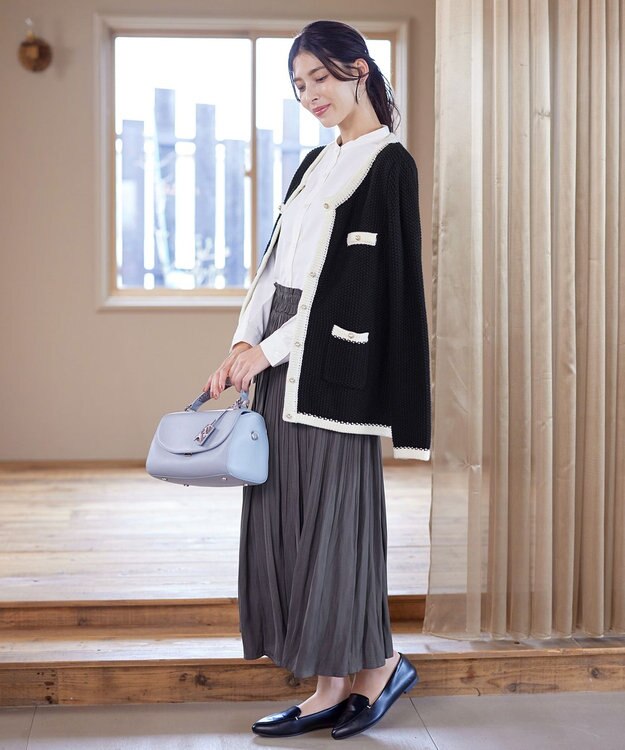 Tiaclasse 【洗える】ミドル丈配色ノーカラーニットジャケット ブラック