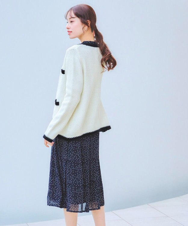 Tiaclasse 【洗える】ミドル丈配色ノーカラーニットジャケット オフホワイト