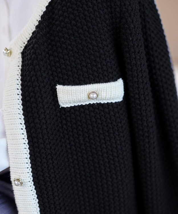 Tiaclasse 【洗える】ミドル丈配色ノーカラーニットジャケット ブラック