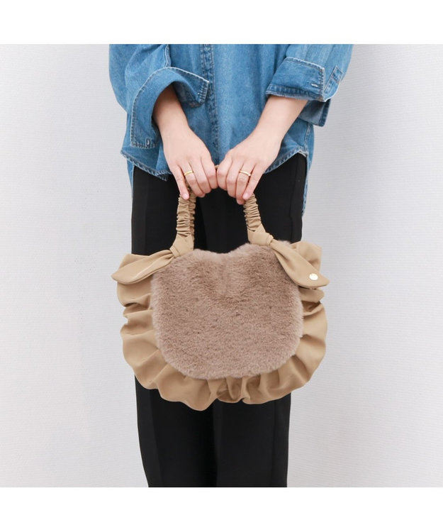 UNBILLION カシュカシュ cachecache / 下がりリボンエコファーコンビラウンドトート オーク