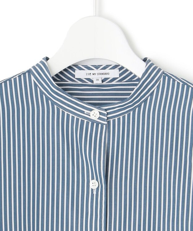 23区 【洗える】CANCLINI バンドカラー シャツ ブルー×ホワイトストライプ