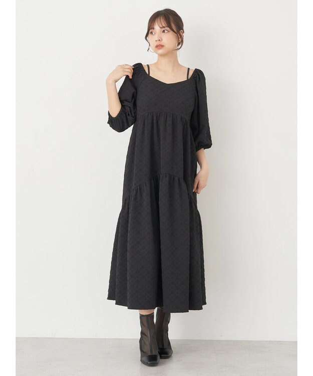 earth music&ecology ２ｗａｙパフスリーブ表面感ワンピース Black