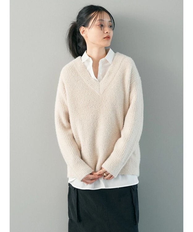 AMERICAN HOLIC モールヤーン片畦Ｖネックニットプルオーバー Light Beige