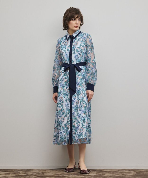 GRACE CONTINENTAL マルチフラワー刺繍フレアワンピース ブルー