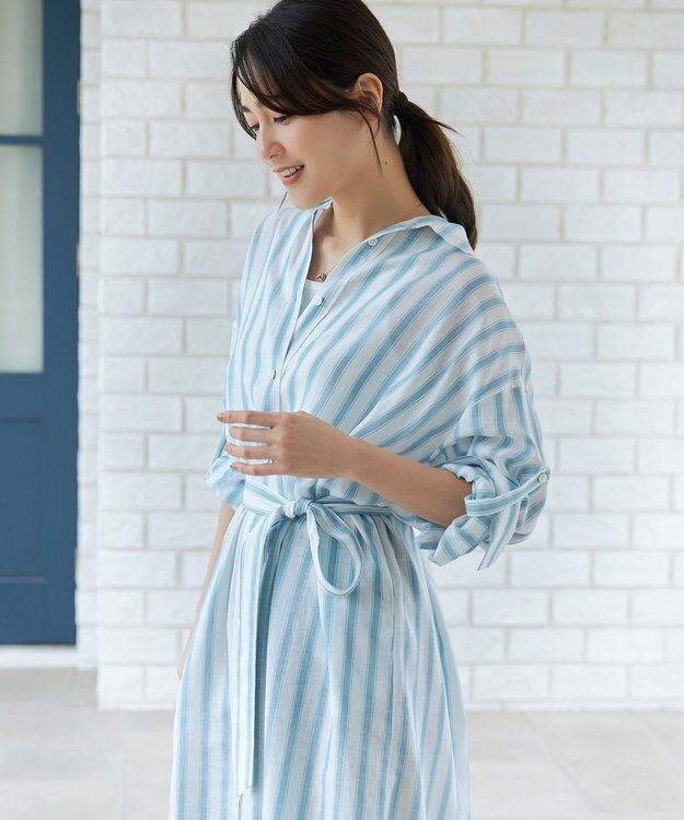 自由区 【洗える】テンセルリネンシャツワンピース オフ×ブルーストライプ