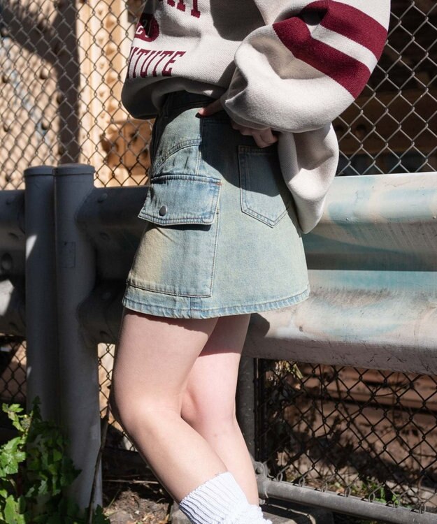 WEGO ヴィンテージウォッシュカーゴミニスカート デニム淡加工色