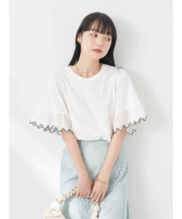 earth music&ecology 配色スカラップスリーブＴＥＥ Off White