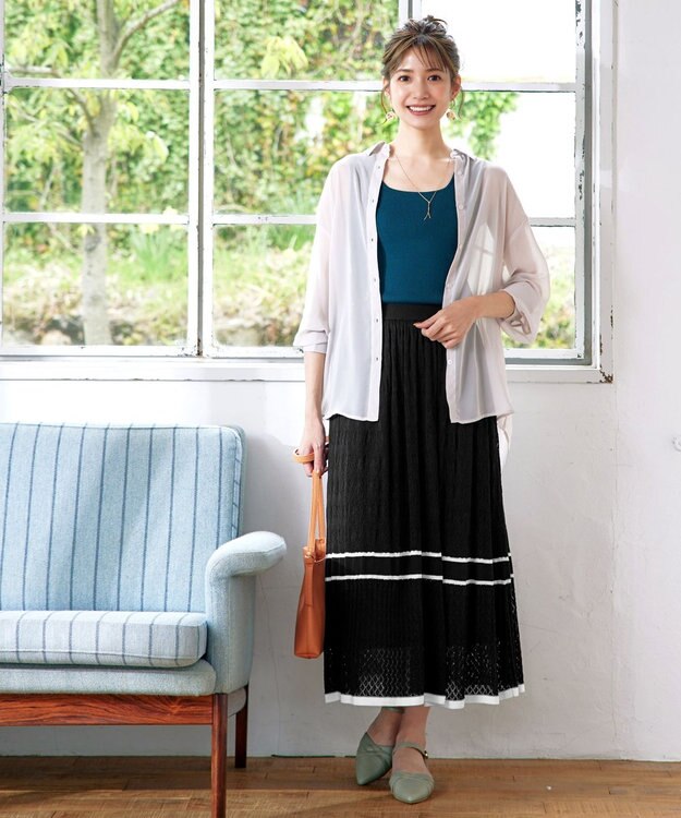 Tiaclasse クロシェ編み配色ニットスカート ブラック×オフ