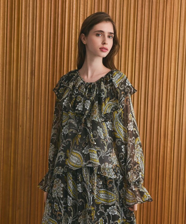 GRACE CONTINENTAL ラメストライププリントブラウス ブラウン