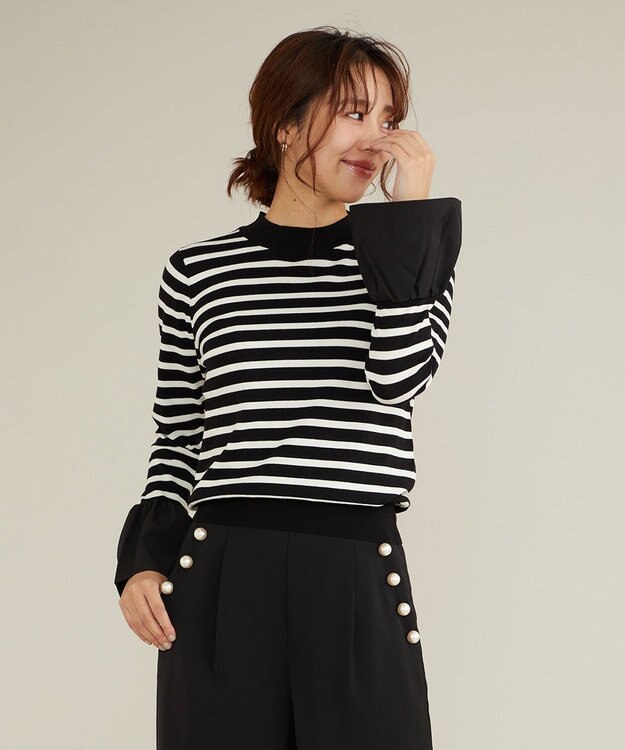 Feroux 【洗える】袖フレアボーダー ニット ブラック系1