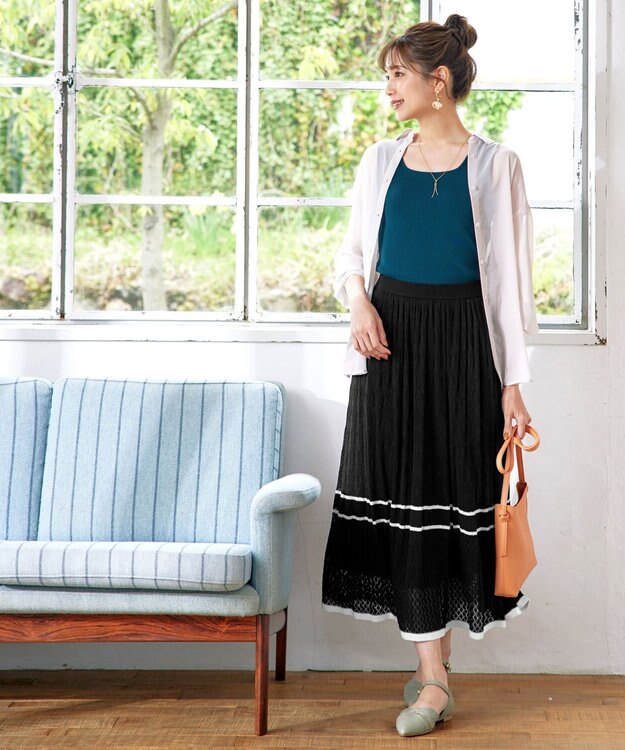 Tiaclasse クロシェ編み配色ニットスカート ブラック×オフ