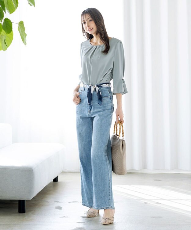 Tiaclasse 【洗える】リボン付きタックフレア袖ブラウス ミント