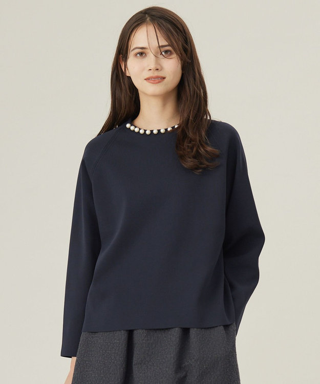 自由区 S 【洗える】パールディティールプルオーバー ニット ネイビー