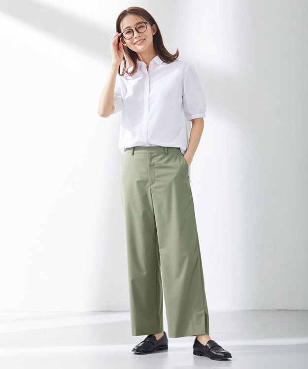 J.PRESS LADIES 【洗える】マイクロタイプライターストレッチ セミワイド パンツ スモーキーグリーン系