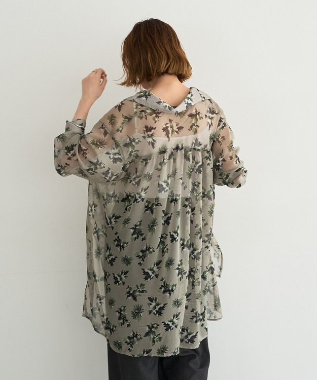 YECCA VECCA フラワー柄シアーロングシャツ Light Khaki